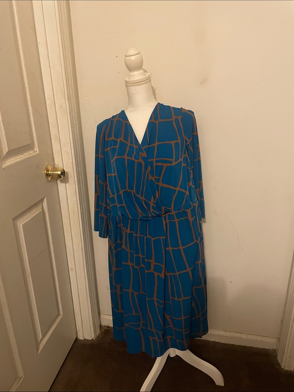 Blue Printed Midi Wrap Dress with Brown Geometric Pattern